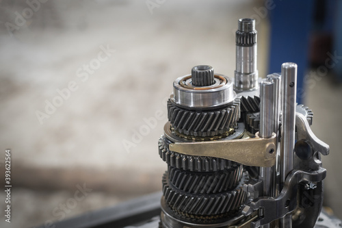 car gearbox disassembled on a table in car service. Close up