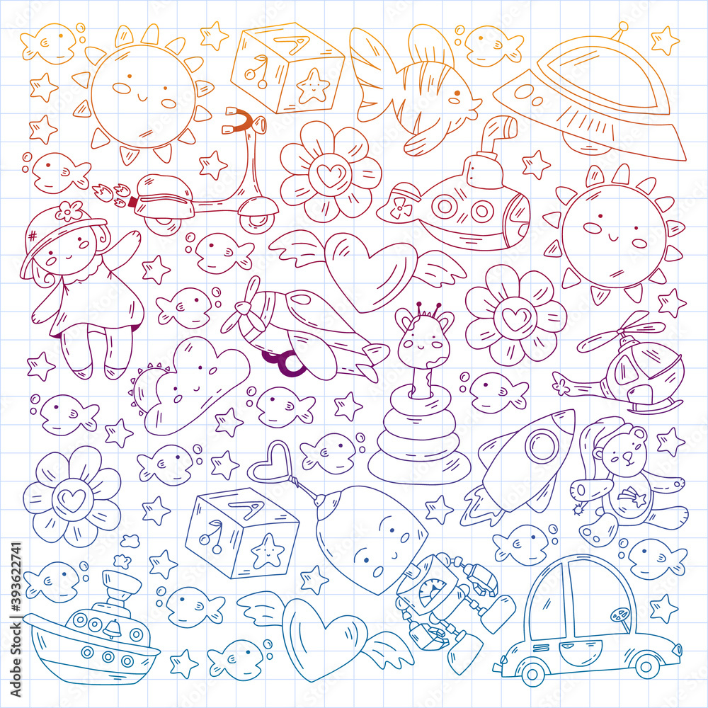 Kindergarten, toys vector pattern. Little children creativity and imagination. Online education, educational games.