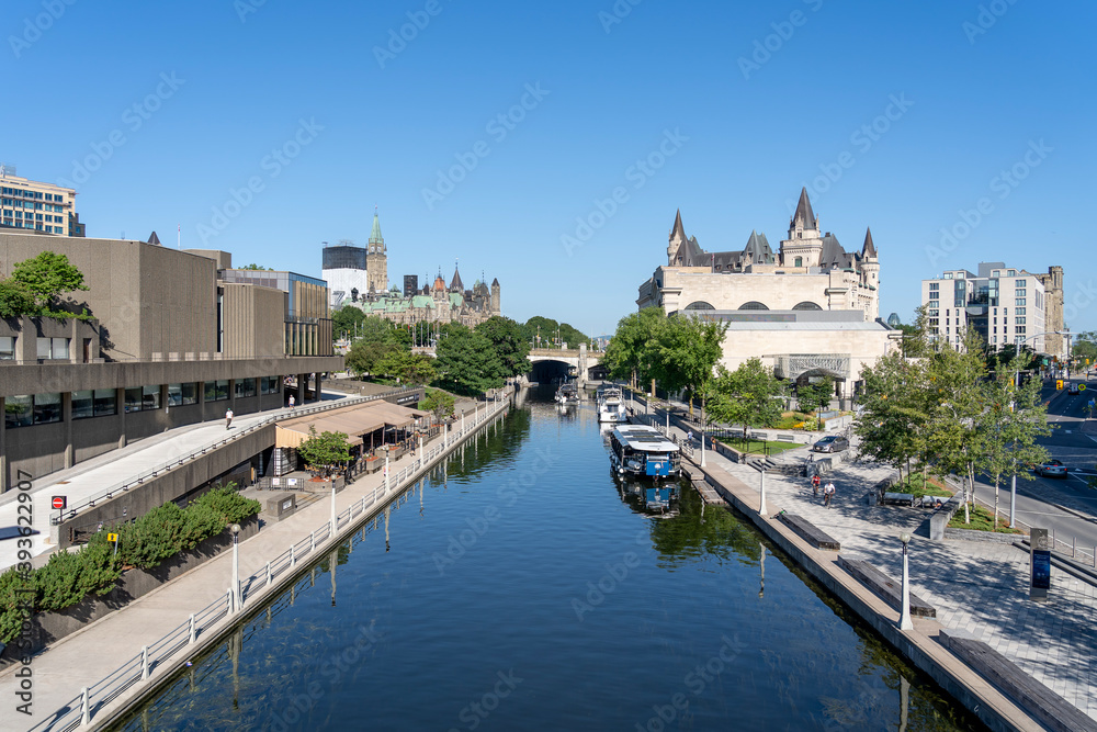 Ottawa, Ontario, Canada - August 8, 2020: Rideau Canal is shown in Ottawa, Ontario, Canada. The Rideau Canal (Rideau Waterway) connects Ottawa to Lake Ontario and the Saint Lawrence River. 