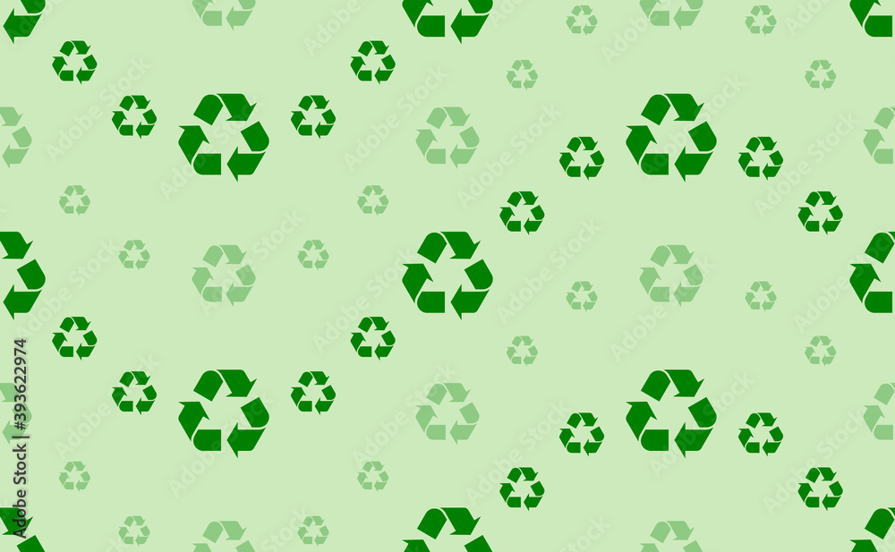 Seamless pattern of large and small green recycling symbols. The elements are arranged in a wavy. Vector illustration on light green background Seamless pattern of large and small green recycling symbols. The elements are arranged in a wavy. Vector illustration on light green background