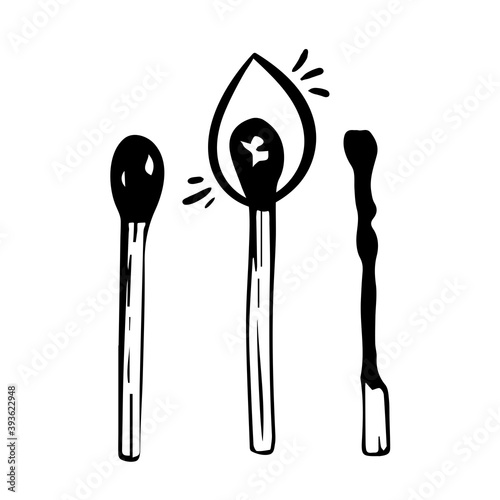 Safety match ignite burn icons set. Hand drawing. Cartoon illustration of doodle Safety match vector icon for web isolated on white background. black white