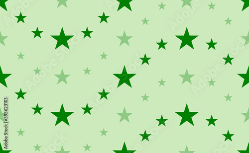 Seamless pattern of large and small green star symbols. The elements are arranged in a wavy. Vector illustration on light green background