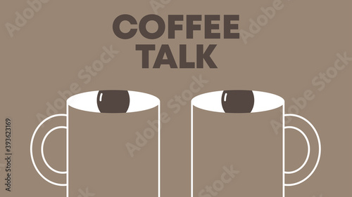 Coffe talk. Human face made of two cups of coffee. Morning podcast or interview conceptual illustration.