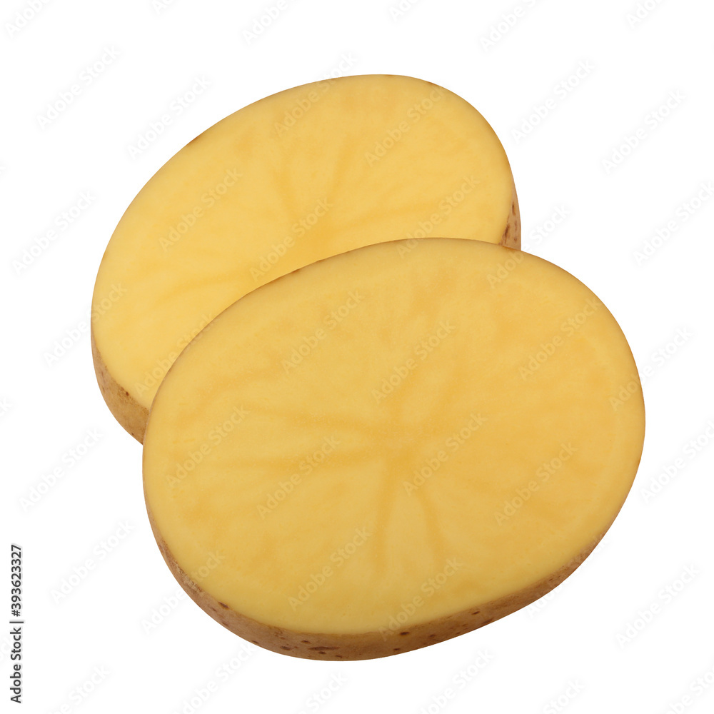 two pieces of raw potatoes isolated on a white.