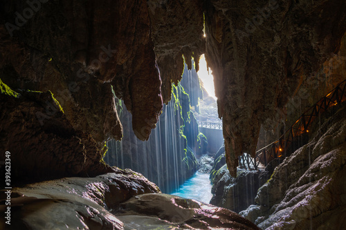 Waterfall cascade in forest at Monasterio de Piedra, Zaragoza, Aragon, Spain