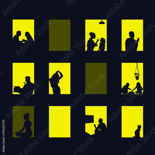 City windows at night. Vector illustration of apartment buildings with windows, in which there is a gap of silhouettes of people, girls, boys, toddlers, cats. The concept of diversity in different lif