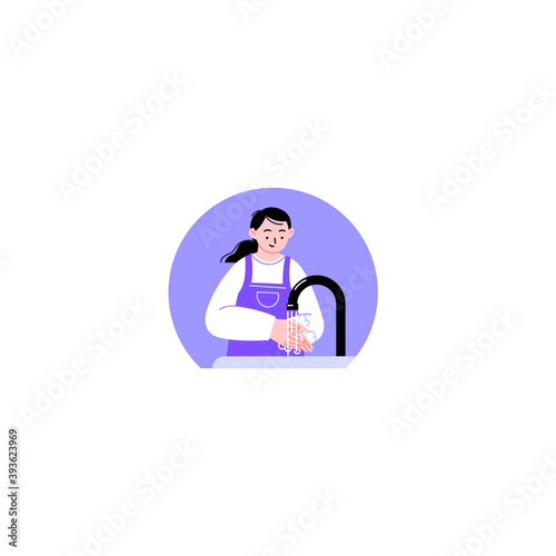 A girl stands by the sink and washes her hands. Flat illustration of a child to the waist