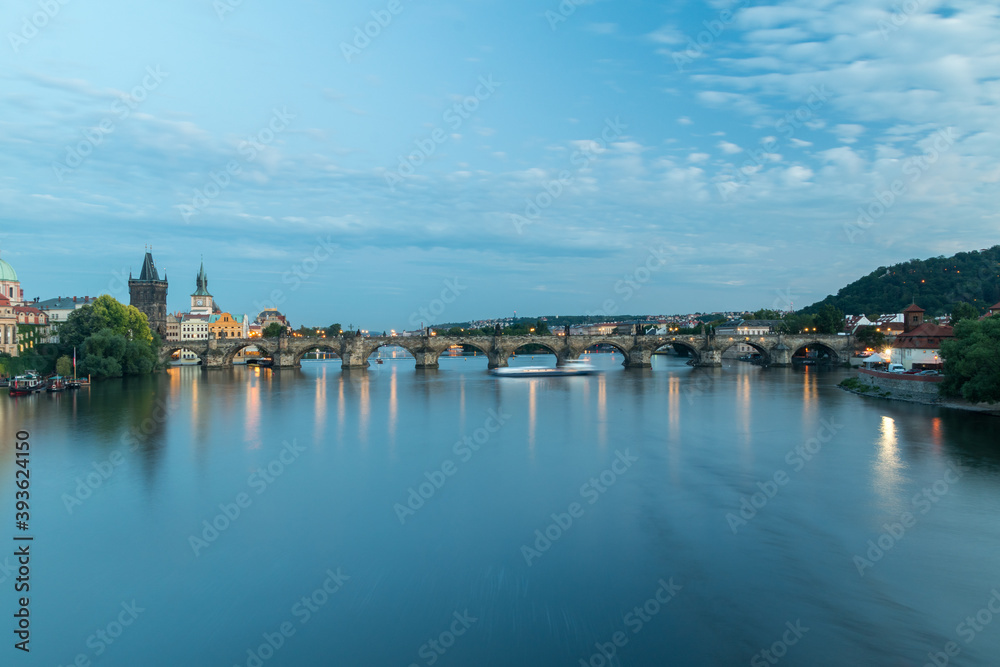 Vltava river with Charles Bridge (Czech: Karluv most) in the evening.
