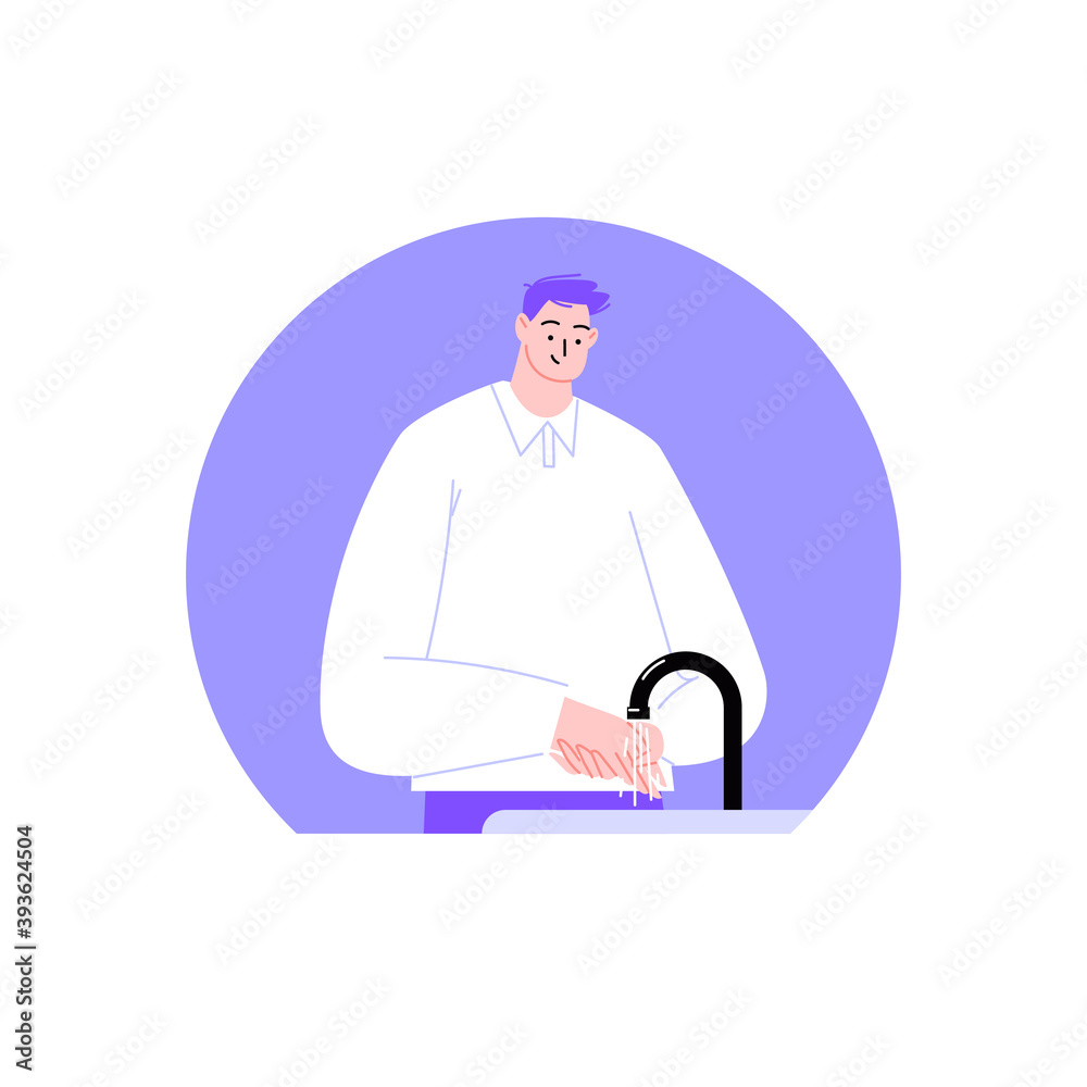 A man stands by the sink and washes his hands. Flat illustration of a character to the waist