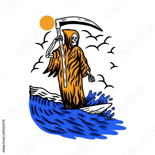 illustration of grim reaper srfing summer beach