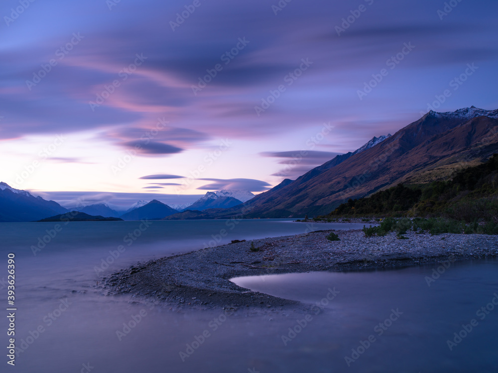Lake Wakatipu at sunset, South Island, New Zealand.
