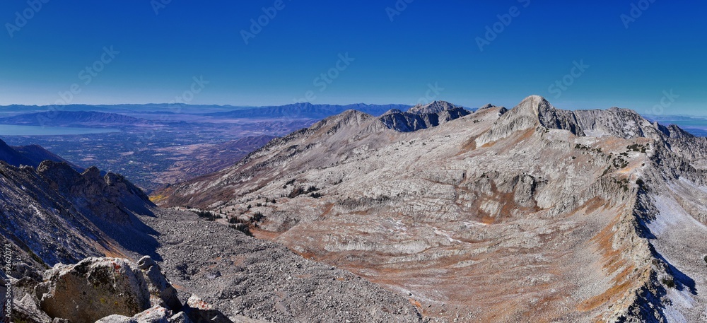 Majestic mountain landscape view Phelps Canyon in Lone Peak Wilderness, Box Elder Peak from White Baldy and Pfeifferhorn trail, Wasatch Rocky mountain range, Utah, United States. 