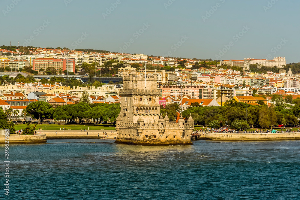 The Belem district Lisbon, Portugal viewed from a ship on the river Tagus