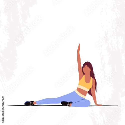 Woman practicing yoga at home. Sitting in asana on yoga mat meditating, lighting candles. Kundalini yoga in white clothes. Girl in yoga pose wearing turban, top and leggings. Trendy flat illustration.