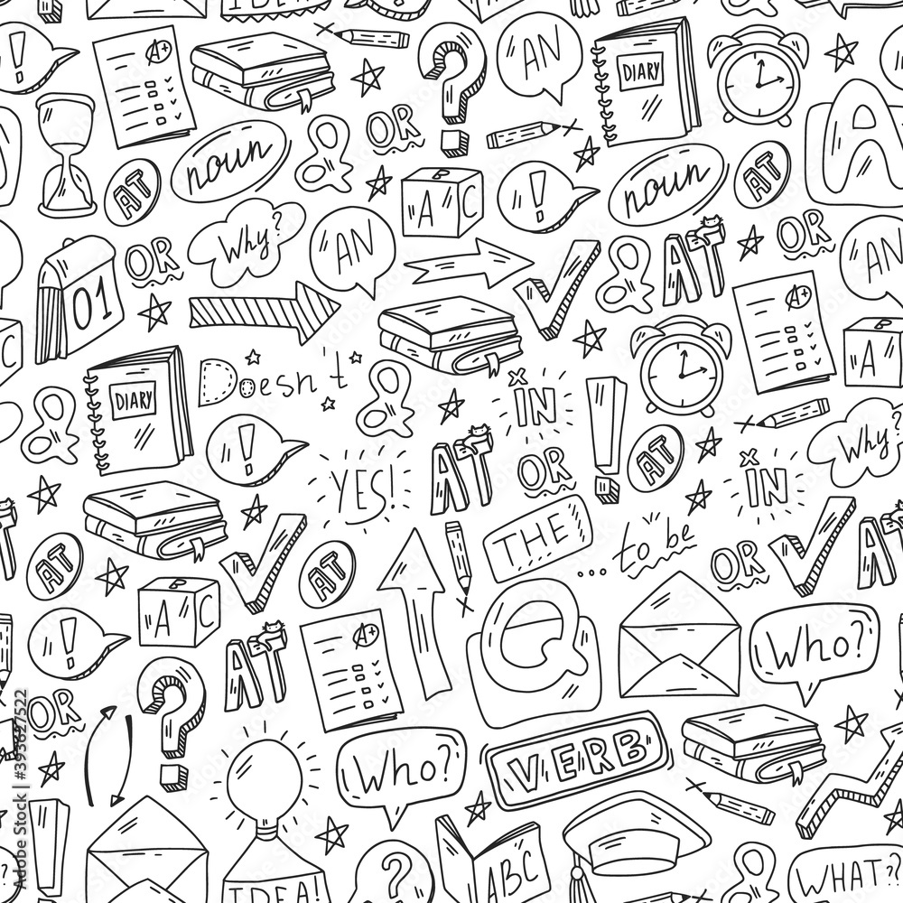 Doodle vector pattern. Illustration of learning English language. E-learning, online education in internet. Doodle vector pattern. Illustration of learning English language. E-learning, online education in internet.