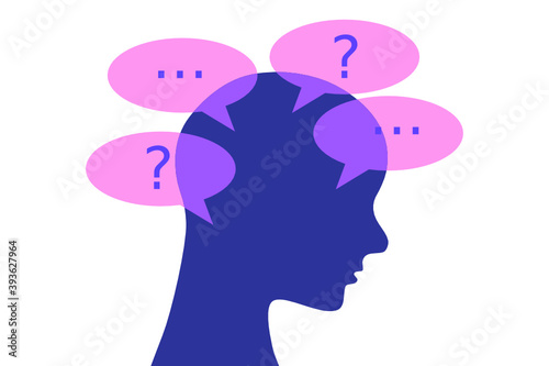 A person feeling anxious.  A head full with questions and wories. Human head outline illustration. Vector.