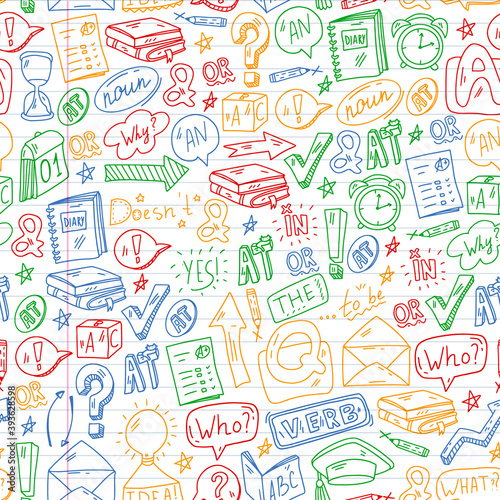 Doodle vector pattern. Illustration of learning English language. E-learning  online education in internet.