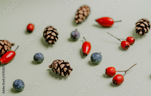 Small pine cones with blue and red winter berries composition on a faded green background Christmas background