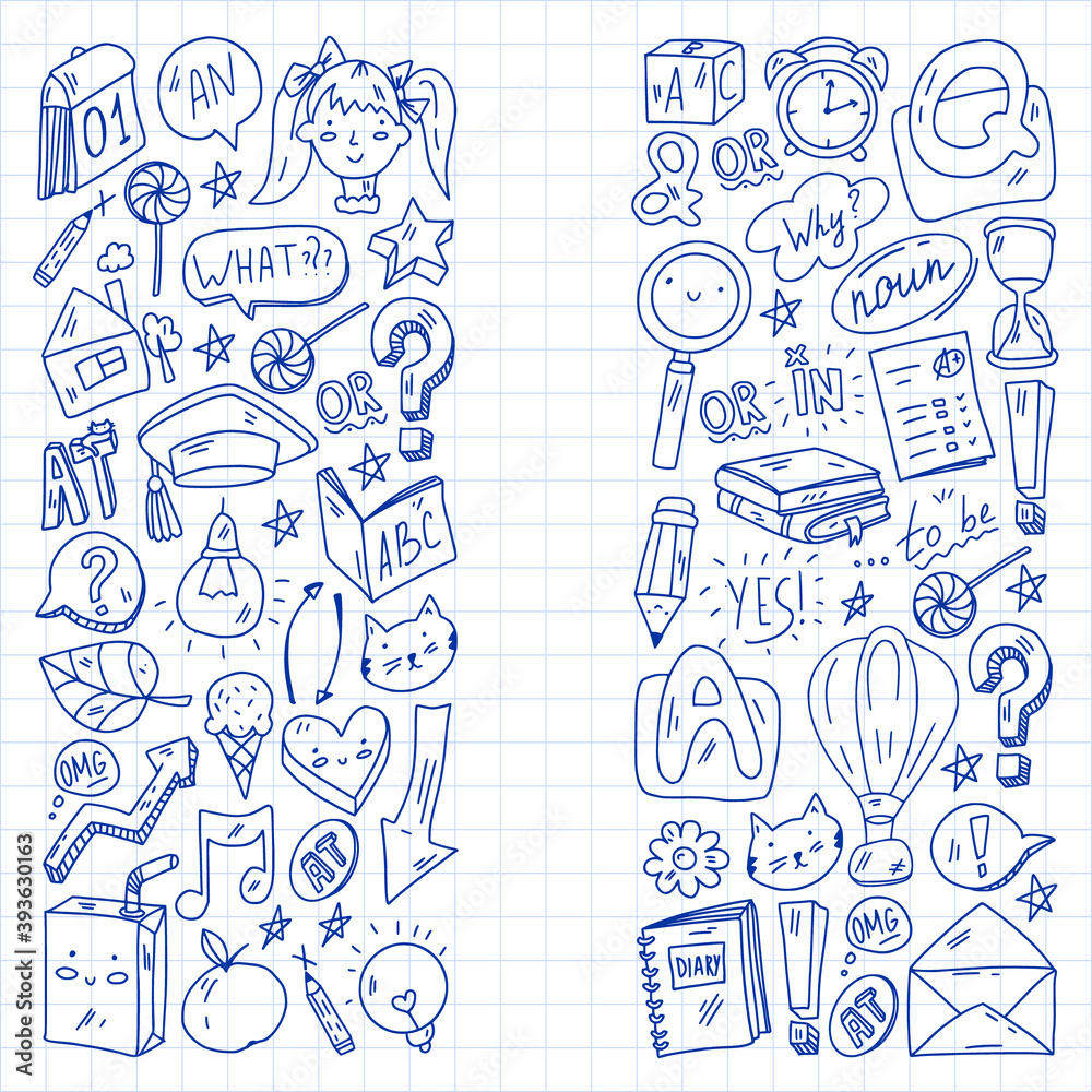 Obraz premium Back to school. Vector illustration with icons about education. English learning. Online internet courses.