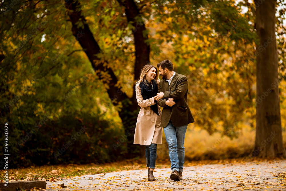Fototapeta premium Young couple walking in the autumn park