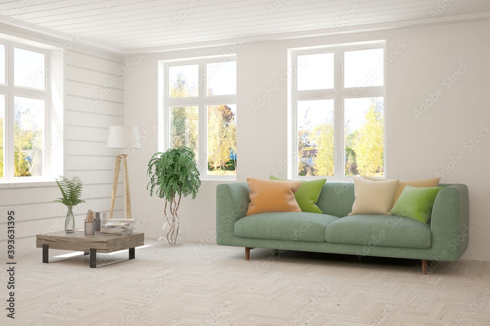 Stylish room in white color with sofa and autumn landscape in window. Scandinavian interior design. 3D illustration Stylish room in white color with sofa and autumn landscape in window. Scandinavian interior design. 3D illustration