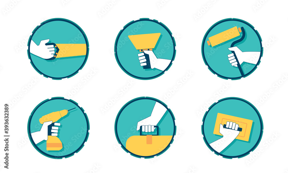 A set of modern construction, repair and finishing tools in the hands of a master Builder. Vector icons of a Builder, specialist, handyman, or home craftsman. Isolated on a white background.
