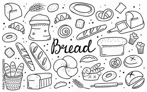 Bread doodle set. Bakery products, hand drawn baguette, croissant and bagel, line pastry cake and donut. Vector cartoon black and white icons collection. Illustration for menu, frame, recipe design