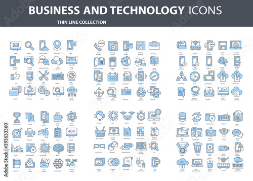 Set vector icons with elements for mobile concepts and web apps. Business and marketing, programming, data management, internet connection, social network, computing, information. Vector	
