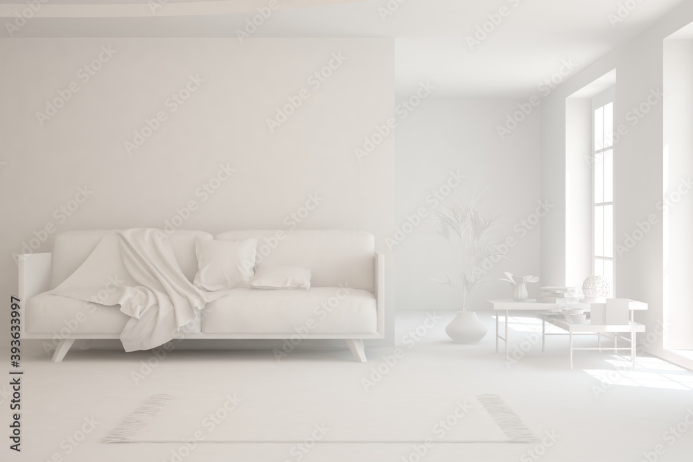 White minimalist living room with sofa. Scandinavian interior design. 3D illustration White minimalist living room with sofa. Scandinavian interior design. 3D illustration