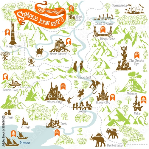 Fantasy Adventure map builder with simple icon elements in vector illustration format 3