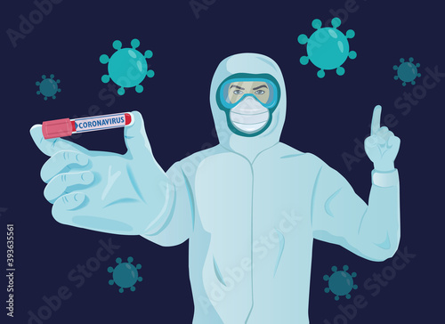 Doctor in blue Protective Costume and Mask holding a positive blood test result for the new rapidly spreading Coronavirus