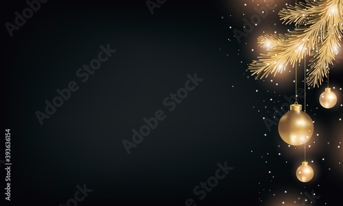 Gold Christmas Ornaments on Black background. Elegant Winter Happy Holidays banner with text space
