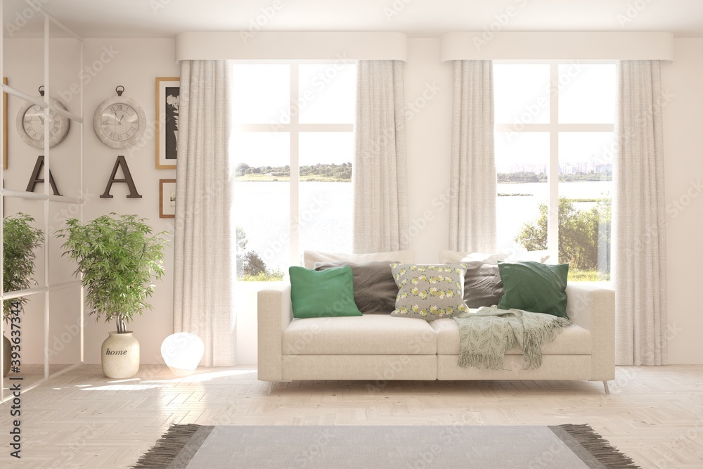 Fototapeta premium White living room with sofa and summer landscape in window. Scandinavian interior design. 3D illustration