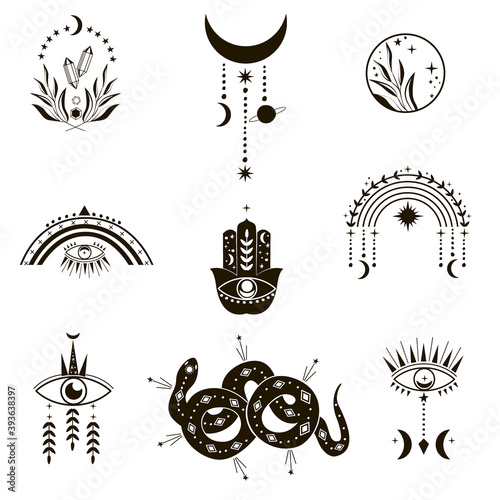 Celestial Mystical symbols and icons of moon, crystals, evil eye, snake, rainbow, hamsa in black and white. Vector, illustration.
 photo