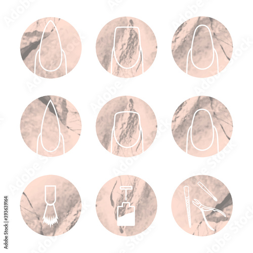 set of nails on a delicate pink background with texture. Contour nails for highlights
