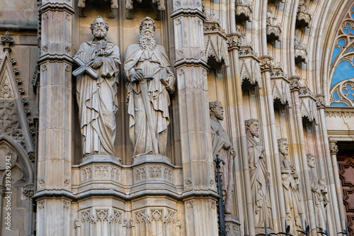 Details of facade and entrance of the Gothic Barcelona Cathedral, The Cathedral of the Holy Cross and Saint Eulalia. Barcelona, Catalonia, Spain.