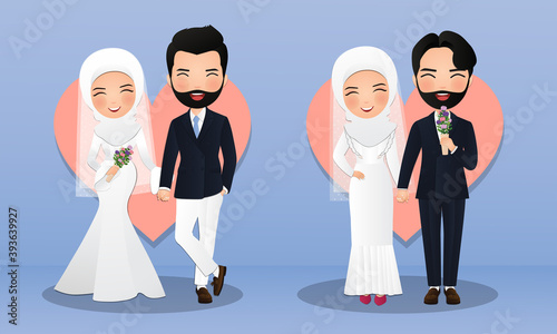 Set of characters cute muslim bride and groom.Wedding invitations card.Vector illustration in couple cartoon in love