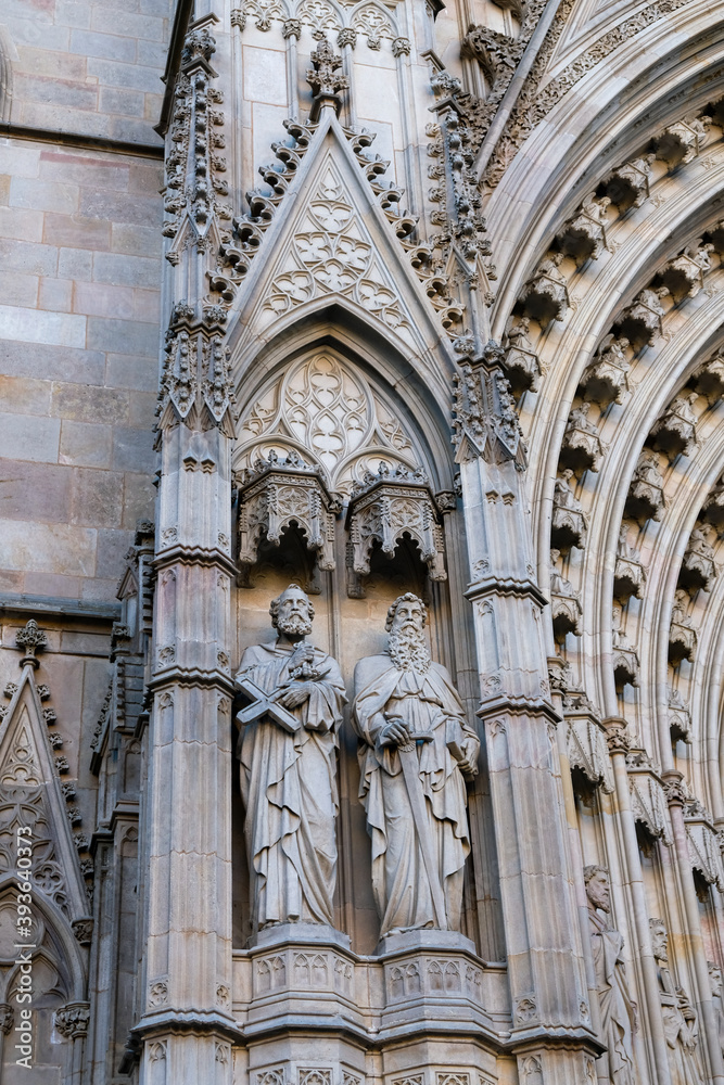 Details of facade and entrance of the Gothic Barcelona Cathedral, The Cathedral of the Holy Cross and Saint Eulalia. Barcelona, Catalonia, Spain.