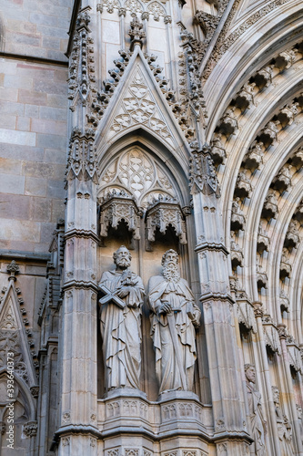 Details of facade and entrance of the Gothic Barcelona Cathedral  The Cathedral of the Holy Cross and Saint Eulalia. Barcelona  Catalonia  Spain.