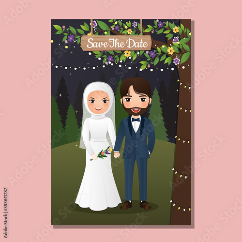  Wedding invitation card the bride and groom cute  muslim couple cartoon with Landscape beautiful background 