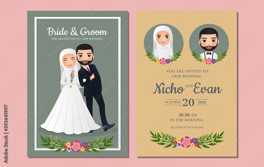 Wedding invitation card the bride and groom cute muslim couple cartoon with  beautiful flowers Stock Vector | Adobe Stock