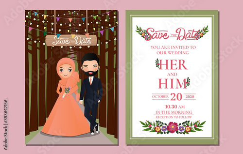  Wedding invitation card the bride and groom cute  muslim couple cartoon with Landscape beautiful background 