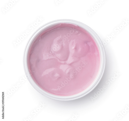 Top view of cherry yogurt in plastic cup