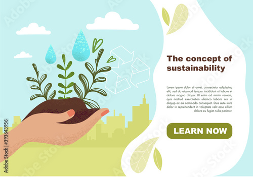 Concept of ecological sustainability, environmental protection, eco recycling. Slide, website, web page or landing page layout, template, poster, banner with text. Flat vector illustration.