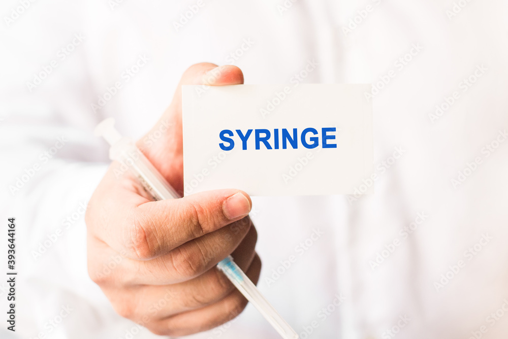 Word syringe on a white background with a syringe in hand. Medicine and healthcare concept Word syringe on a white background with a syringe in hand. Medicine and healthcare concept