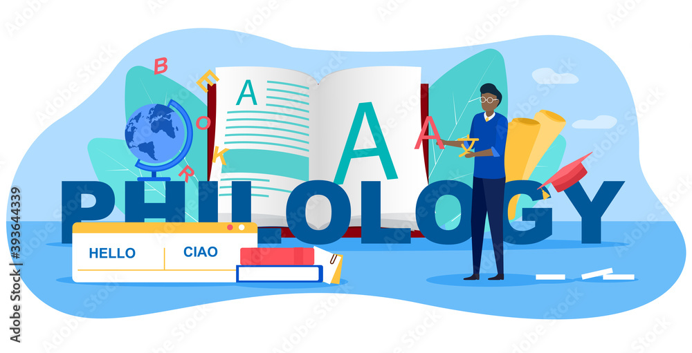 Philology abstract concept. Professional scientist philologist studying a language structure. Flat cartoon vector illustration with fictional character. Website, webpage or landing page template.