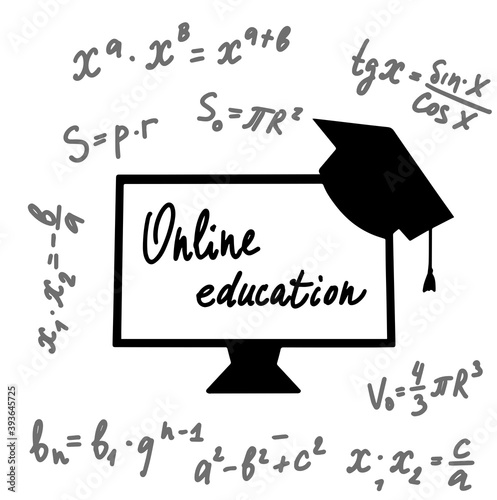 Online education icon. Square academic cap with PC. Distant study. Element of science icon for mobile concept and web apps against the background of mathematical formulas.Icon can be used for web and