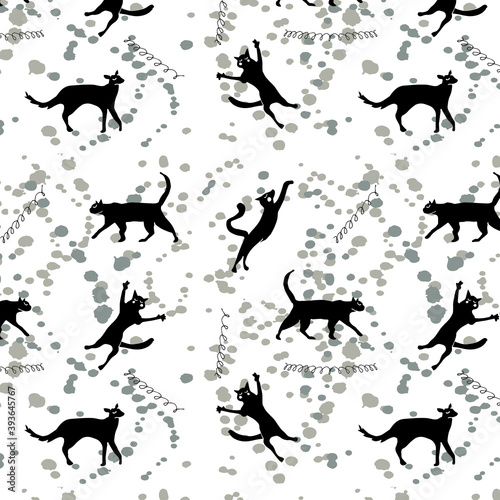 Black cats on a background of splashes and springs, seamless background for gifts and children's fabrics