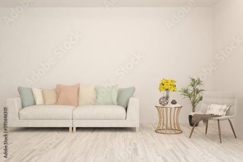 White living room with sofa. Scandinavian interior design. 3D illustration