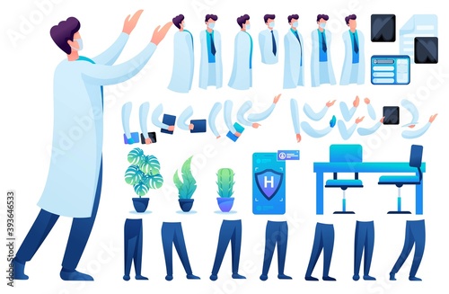 Constructor for creating a doctor N 9. Create your own doctor character with a Set of hands and feet. Flat 2D vector illustration